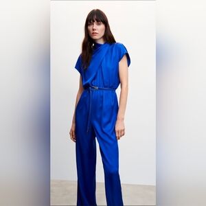 Mango Cobalt Blue Satin Jumpsuit M Dopamine Dressing Maximalist Avant